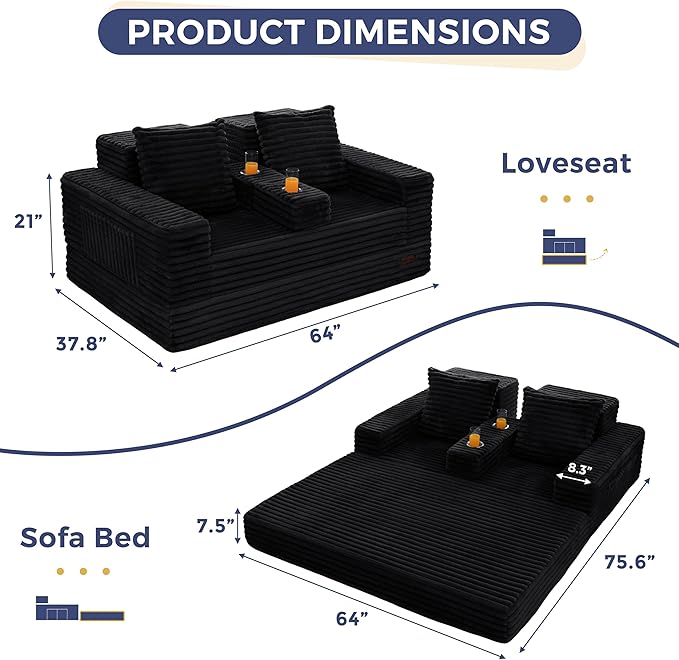 MAXYOYO Loveseat Sofa Bed, Striped Faux Fur Foldable Floor Sofa Couch in A Box, 4 in 1 Convertible Boneless Couch with 2 Cup Holders, Folding Recliner Sleeper Chair, No Assembly Required, Jet-Black