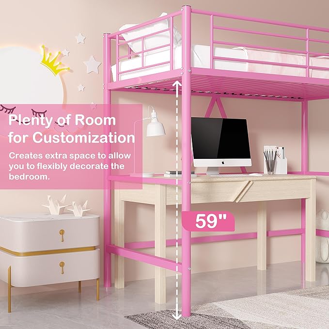 VECELO Loft Bed Twin Size, Metal Bedframe with Removable Ladder and Safety Guardrail, No Box Spring Needed, Space Saving, Noise Free, Light Pink