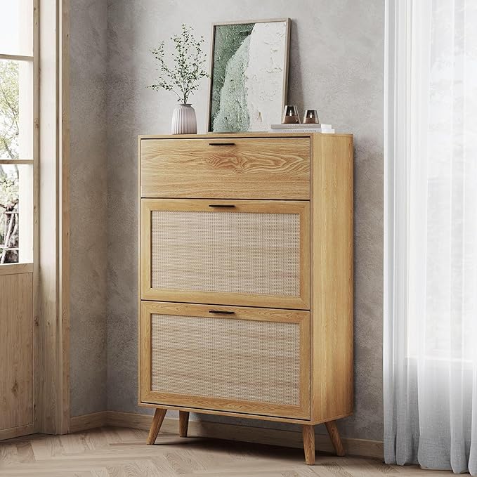 MU Natural Rattan Shoe Cabinet, Entryway Shoe Cabinet with 2 Flip Drawers and Hidden Cabinet, Boho Shoe Organizer Cabinet, Wooden Shoe Storage Cabinet for Entrance, Hallyway, Natural