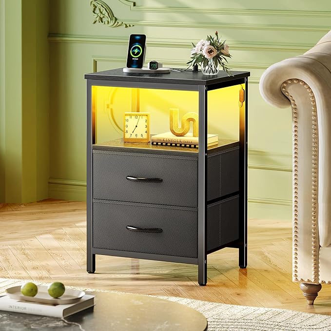 Huuger Night Stand with Charger Station and LED Lights, 2 Drawer Nightstand, Bed Side Table with Open Shelf, End Table, Fabric Drawers for Bedroom, Black