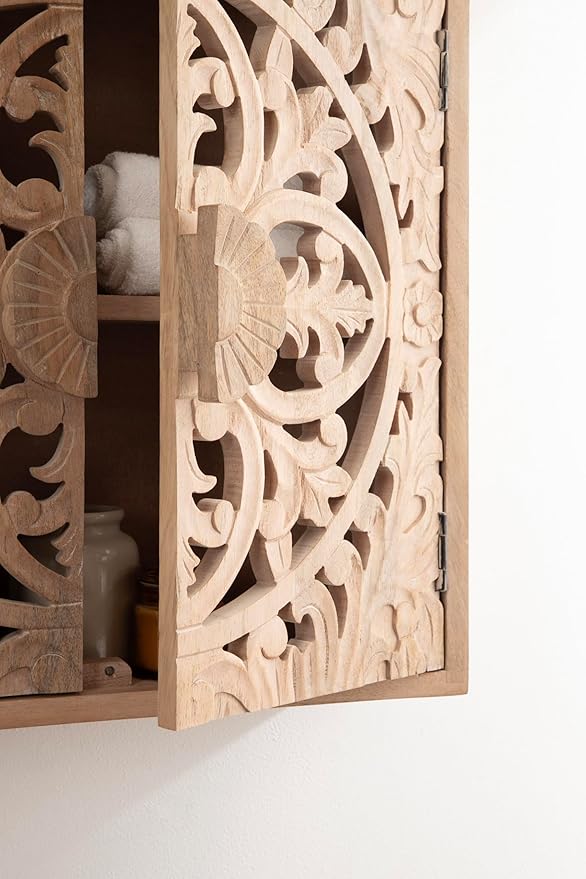 Kate and Laurel Saanvi Traditional Carved Wood Wall Cabinet; 20 x 6 x 20; Light Natural; Dimensional Over the Toilet Storage Cabinet for Bathroom Storage and Display
