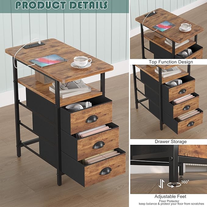 sthmec End Table with Charging Station, Side Tables Livingroom with USB Ports and Outlets,Narrow Nightstands Bedside Tables with 3 Drawers for Small Space,Slim Sofa Table Bedroom,Rustic Brown