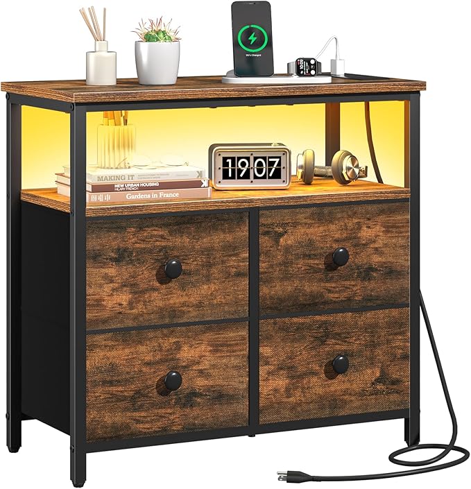 Yoobure Night Stand with Charge Station, Nightstand with 4 Drawers Bedside Table, LED Dresser with Storage Shelf, Night Stands for Bedroom, Side Table 3-Tier Wood End Table for Home Rustic Brown