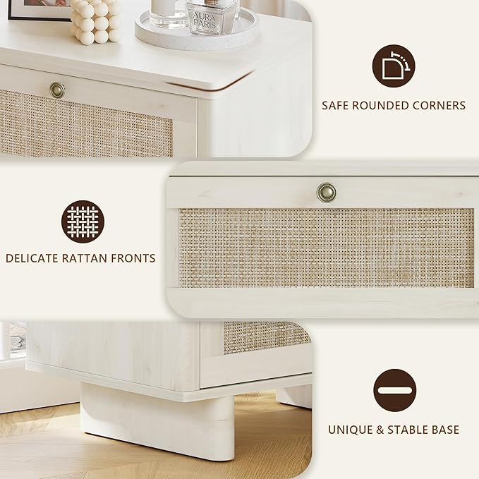 LAZZO White Nightstands Set of 2, Mid Century Modern Night Stand with 2 Rattan Drawers, Bedroom End Tables