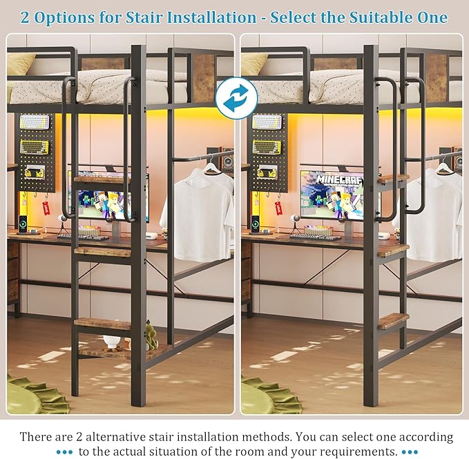 busyaeh Loft Bed with Desk,Loft Bed Full Size with 5 Drawers & 3 Open Shelves and LED Lights,Full Size Loft bed with Charging Station & Thickened Tread Stairs for Adults/Kids/Young Teens,Vintage Brown
