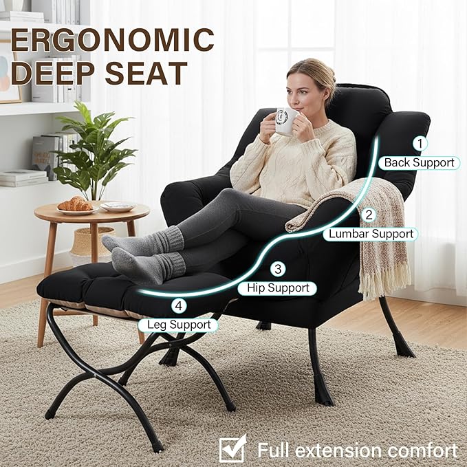 Welnow Lazy Chair with Ottoman, Modern Accent Chair with Armrests and a Side Pocket, Leisure Sofa Armchair Set, Reading Armchair with Footrest for Small Space, Black