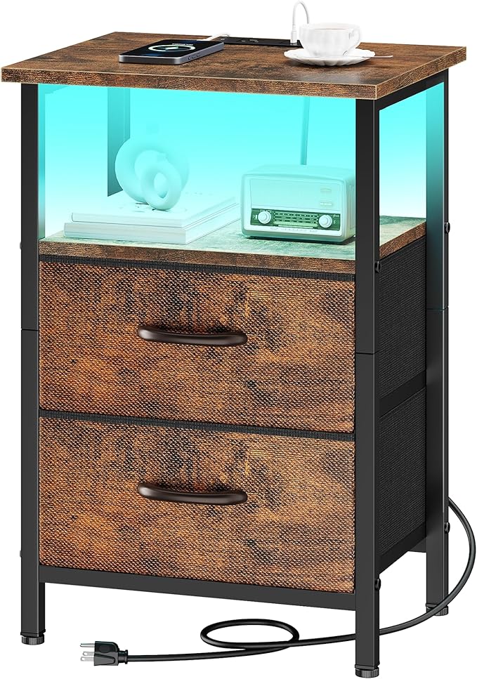 Vagusicc Night Stand Bedside Table Bedroom, LED Nightstand with Charging Station, End Table with USB Ports & Outlets, 24.2" Tall Bed Side Table with 2 Fabric Drawers and Storage Shelf, Rustic Brown