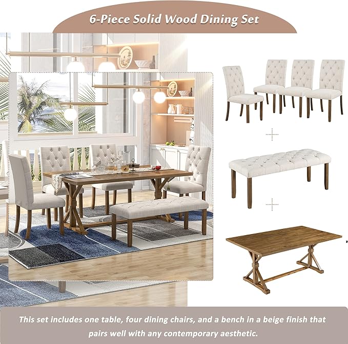 Harper & Bright Designs 6-Piece Farmhouse Dining Table Set 72" Wood Rectangular Table, 4 Upholstered Chairs with Bench (Walnut)