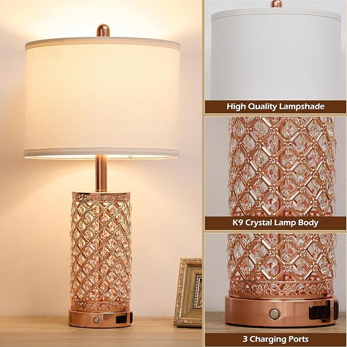 SAIWEYA Crystal Table Lamps Modern 3-Way Dimmable Bedside Lamp with 2 USB Ports & AC Outlets for Living Room Bedroom Nightstand Lamp Night Light (Rose Gold-2 Pack 24In)