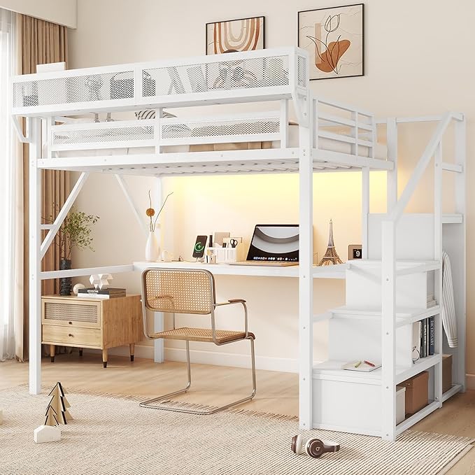 KEIKI Full Size Metal Loft Bed Frame with Desk, Staircase, Built-in Storage Shelves and Wardrobe, Modern Loft Bed with Solid Slats, Guardrail, No Box Spring Required, Easy Assembly, for Bedroom, White