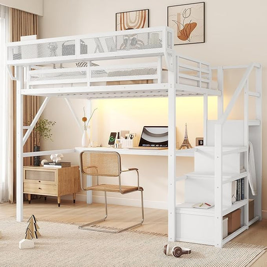 KEIKI Full Size Metal Loft Bed Frame with Desk, Staircase, Built-in Storage Shelves and Wardrobe, Modern Loft Bed with Solid Slats, Guardrail, No Box Spring Required, Easy Assembly, for Bedroom, White
