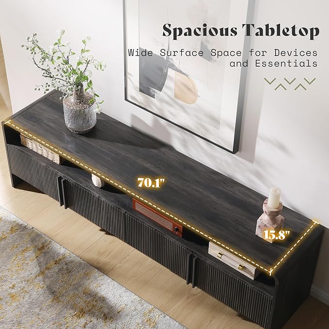 AMERLIFE 70" Modern TV Stand for TVs up to 80", Fluted Wood Entertainment Center with Storage Cabinets, Media Console Table for Living Room, Black