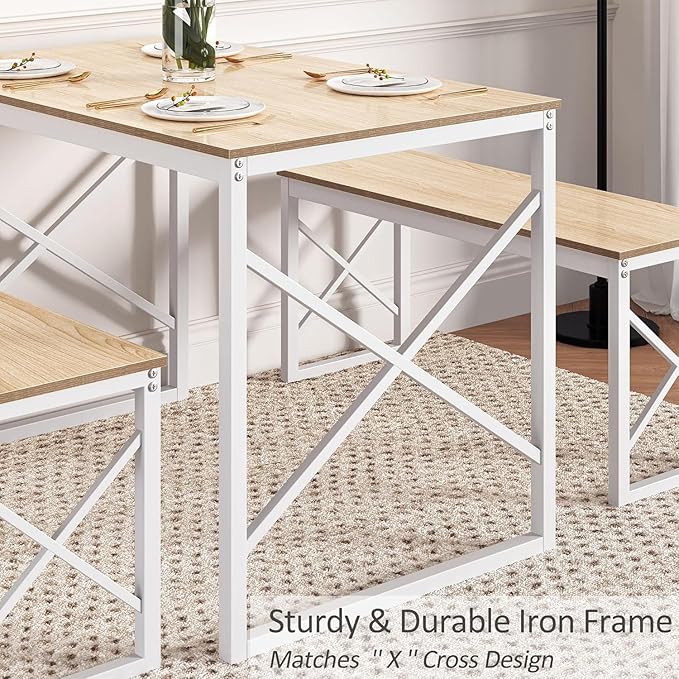 VECELO 43.3" Kitchen Dining Table Set for 4, Heavy-Duty Steel Frame & Wood-Grain Tabletop, Space-Saving Dinette Sets with 2 Benches for Breakfast Nook and Small Space, Natural