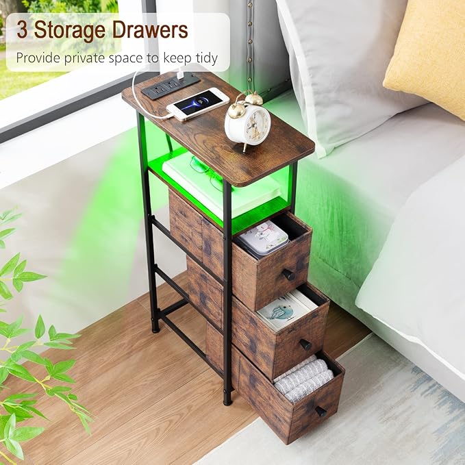 LOAKEKEL Narrow End Tables Living Room Set of 2 with Charging Station, Skinny Side Table with Fabric Drawers, Slim LED Nightstand for Bedroom, Small Spaces, Couch, Rustic Brown, HETNDP03LPBR