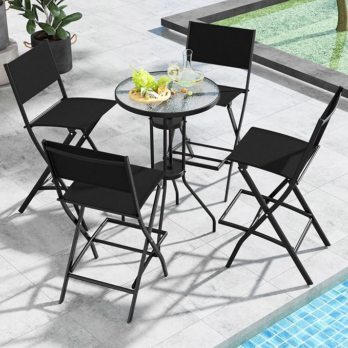 COSTWAY Outdoor Patio Bar Chair Set of 4, Folding Counter Height Stool with Metal Frame & Footrest, Patio Bar Stool for Balcony, Garden & Poolside (4, Black)