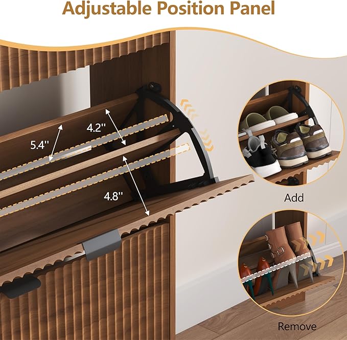 HUANLEGO Shoe Cabinet Storage for Entryway with 4 Flip Drawers, Walnut Fluted Shoe Cabinet with Bench, Wooden Hidden Shoe Rack Freestanding Narrow Slim Shoes Storage Organizer for Hallway, Entrance
