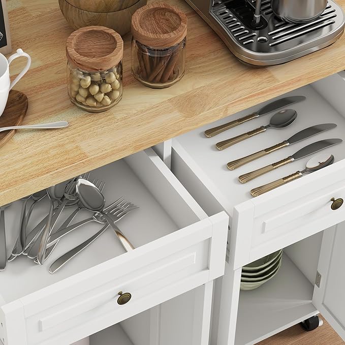 HOMCOM Kitchen Island Cart with Solid Wood Top, 44" Mobile Kitchen Island Table on Wheels with Storage Cabinets, 2 Drawers, Adjustable Shelves, Spice Rack & Towel Bar for Dining Room, Cream White