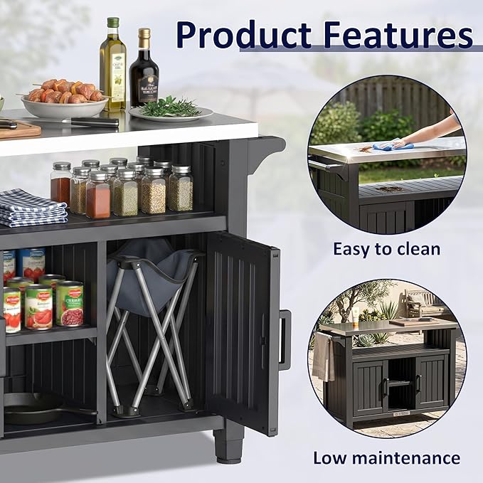 EasyUp Outdoor Storage Cabinet,Patio Storage Table, Bar Table with Wheels,Outdoor Bar Cart for Patio, Poolside and Backyard,Black