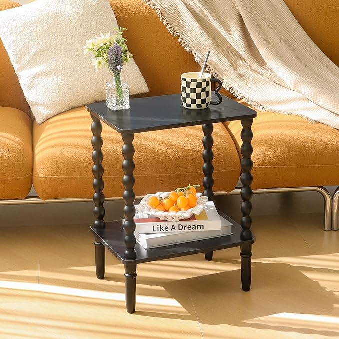 Fultyle Black Side Table, Small End Table with 2-Tier Shelf, Vintage Night Stand with Storage for Bedroom Living Room, Small Spaces (Black)