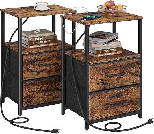 TUTOTAK End Table with Charging Station, Side Table with 2 USB Ports and Outlets, Nightstand with Cloth Drawer, Set of 2, Couch Table, Brown TB01BB052 | with Charging Station