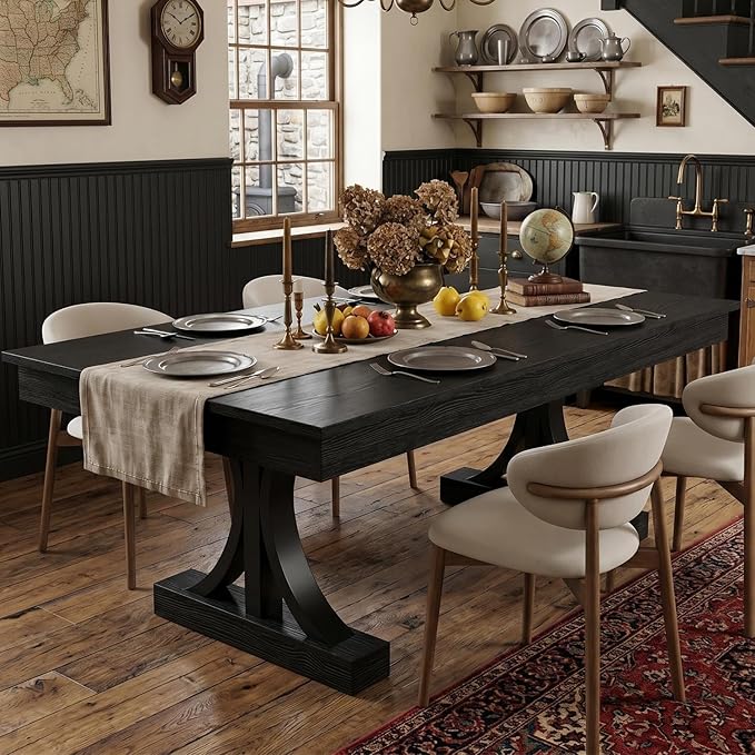Garvee 71-Inch Dining Table with 2 Drawers,Rectangular Dining Table for 6-8 with Double Pedestal & Sturdy Frame, Industrial Wooden Kitchen Table with Large Tabletop, for Dinner, Rustic Black