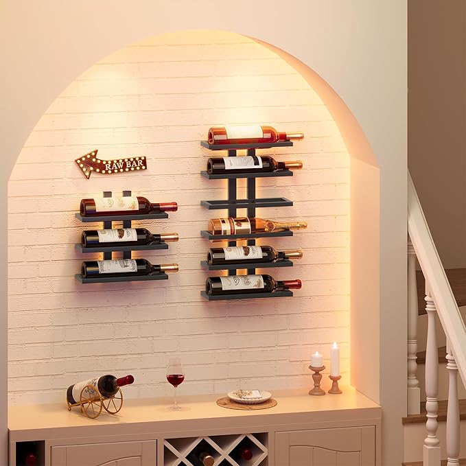 Hoctieon 2-Set 6 Tier Wall Mount Wine Rack (12 Tiers), Wall Racks for Wine Bottles Display and Storage, Hanging Bottle Organizer for Living Room, Dining Room, Wine Cellar, Bar, Black