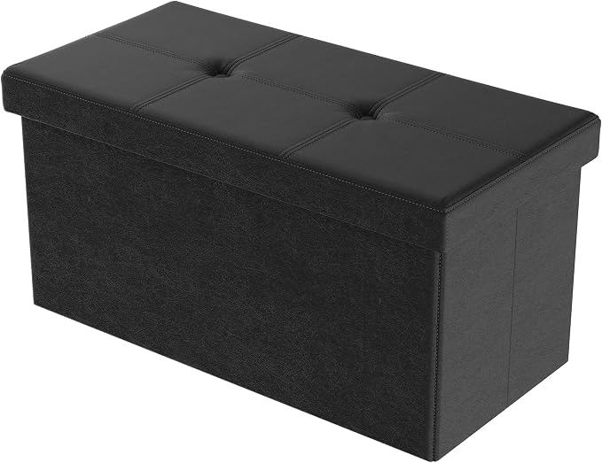 Storage Ottoman - 30-Inch Folding Faux Leather Footrest, Linen Chest, or Bench with Removable Bin for Living Room or Bedroom by Lavish Home (Black)