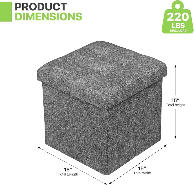 Magshion Folding Storage Ottoman Cube, 15 Inches Small Foot Rest Stool, Square Ottoman with Storage for Bedroom, Living Room, Dorm, Dark Gray