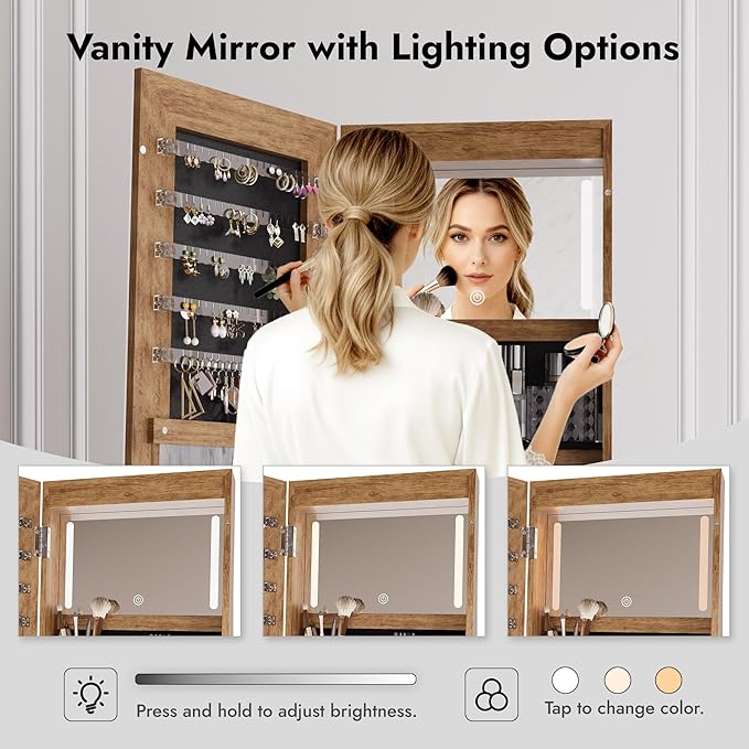 Zamildon's LED Mirror Jewelry Armoire, 360° Swivel Mirrored Jewelry Storage Cabinet with Interior LED Lights, Full Length Mirror Floor Standing Jewelry Organizer with Storage Shelves (Rustic Brown)