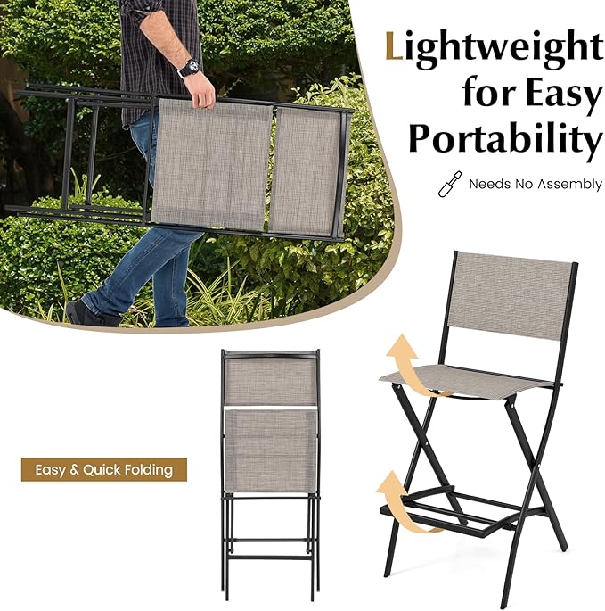 COSTWAY Outdoor Patio Bar Chair Set of 6, Folding Counter Height Stool with Metal Frame & Footrest, Patio Bar Stool for Balcony, Garden & Poolside (6, Coffee)
