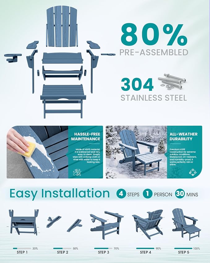 SERWALL Folding Adjustable Adirondack Chairs with Footrest Set of 2, HDPE Outdoor Chair with Dual Cup Holders, All Weather Adirondack Chair with Ottoman, Blue