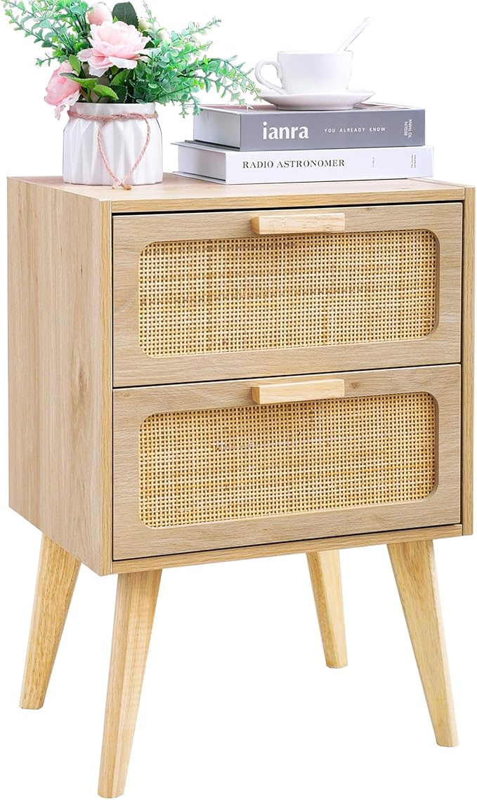 YAUKOMEL Rattan Nightstand, Wood End Table, Side Table with 2 Hand Made Rattan Decorated Drawers,Boho Bedside Table,Wood Accent Table with Storage for Livingroom, Bedroom, Natural CTG59Y