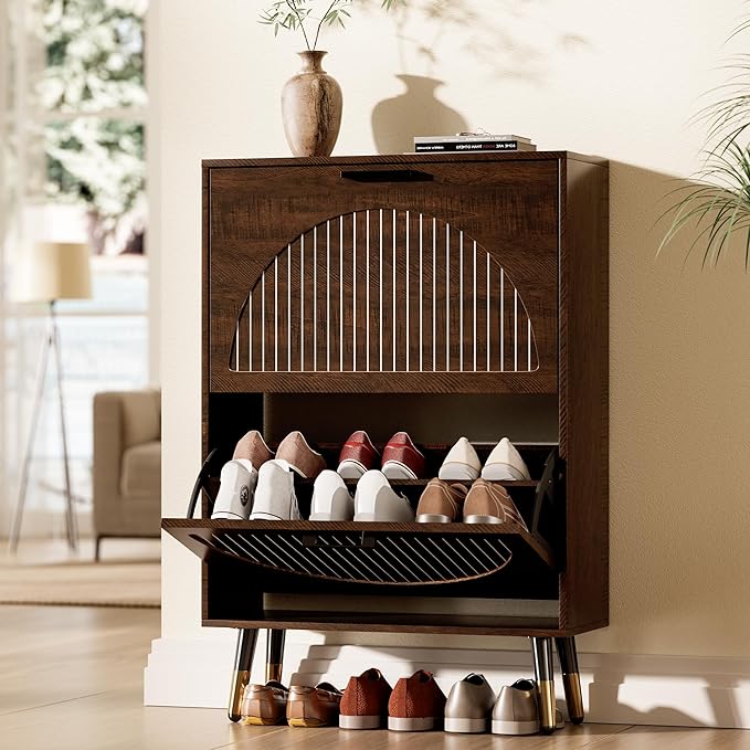 Farmhouse Shoe Cabinet Storage for Entryway, Slim Shoe Rack Cabinet with 2 Flip Drawers, Narrow Shoe Organizer Cabinet with Stylish Round Panel, Metal Leg and Handle