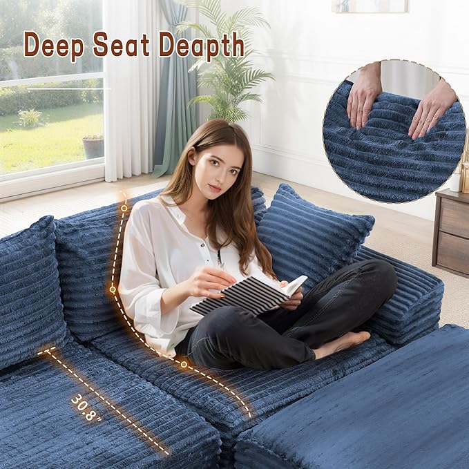 Korser 110" L-Shaped Modular Sectional Sofa with Chaise, Boneless Comfy Corduroy Fluffy Couch with Deep Seat and Side Pockets, Flexible Module Combination for Living Room, No Assembly, Side Pockets