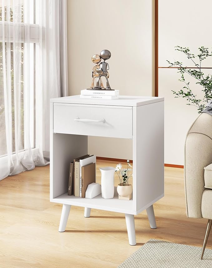 YMYNY Nightstand Set of 2, Bedside Table, Side Table with Fabric Drawer, Handle and Open Compartment, Solid Wood Legs, Wooden Coffee Table for Bedroom, White UHST020W-2