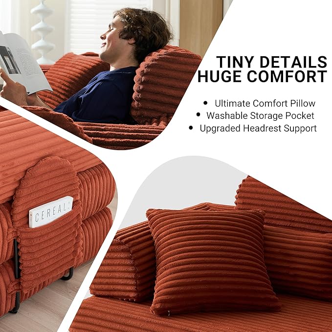 78.8" Convertible Sofa Bed with High Backrest Headrest, 5-in-1 Corduroy Boneless Couch with Side Pocket, Sleeper Loveseat Couch Bed Sectional Couches for Living Room, No Assembly, Orange