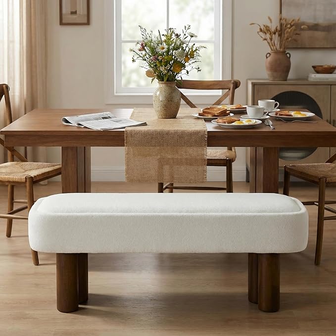 Christopher Knight Home Damas Fabric Upholstered Dining Bench, Wooden Entryway Bench, Long Sofa Footstool for Living Room, Bedroom End of Bed Bench, Milky White+Walnut