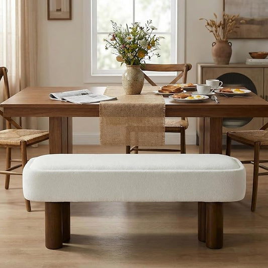 Christopher Knight Home Damas Fabric Upholstered Dining Bench, Wooden Entryway Bench, Long Sofa Footstool for Living Room, Bedroom End of Bed Bench, Milky White+Walnut