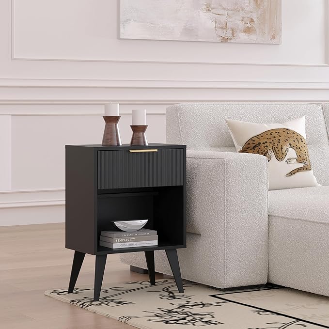 YAUKOMEL Fluted Night Stand with Opening Storage,Mid Century Bedside Table with Drawer,Black Nightstand with Wood Legs,End Table Side Table for Living Room,Bedroom,11.8" Dx15.7 Wx 25.2" H CTG56BK