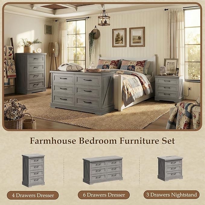 AODK Farmhouse Nightstands Set of 2, 24 Inch Bedside Tables with Charging Station, End Tables with Three Drawers, Bed Side Tables with Outlet and USB for Bedroom & Living Room, Oak Grey
