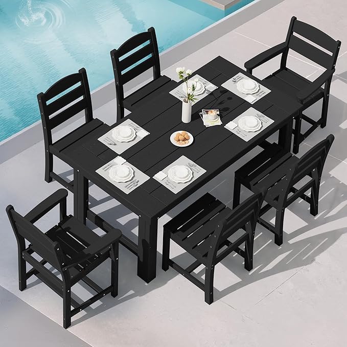 SERWALL Outdoor Dining Table Set, 67‘’ HDPE Patio Dining Set for 6, Wood-Like All-Weather Outdoor Table and Armless Chairs Set for Lawn, Black