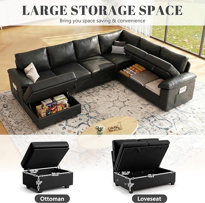 108 Inch Faux Leather Modular Sectional Sofa with Pull Out Bed,U Shaped 7 Seat Sectional Sleeper Sofa with Storage,Sectional Couches for Living Room,Cloud Modular Couch,Black Leather