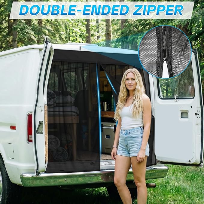 Magnetic Van Screen for Ford Econoline/Ford E-Series E-150 E-250 E-350 E450 1992-2005 - Mosquito Net with Zipper for Back Door - 60" H x 63" W