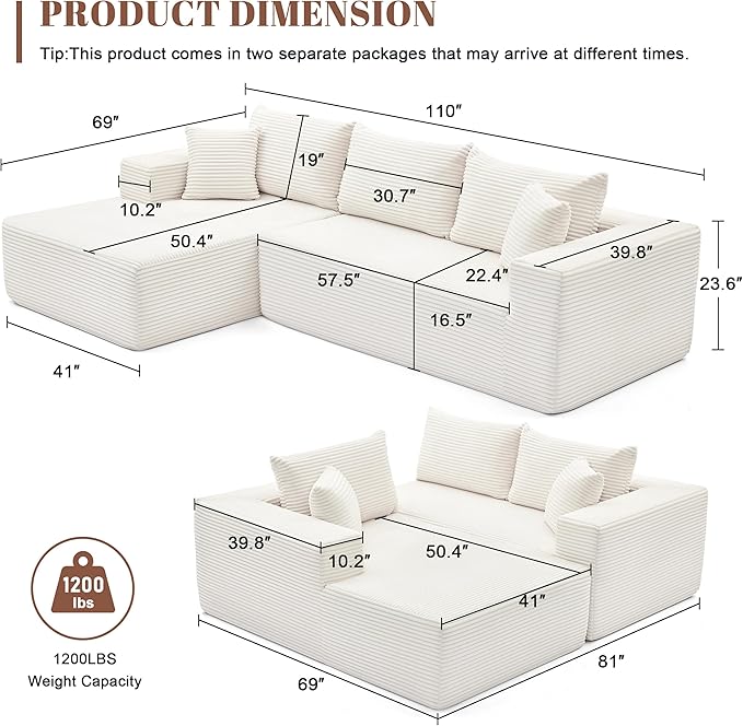 Mangodan 110” Cloud Sectional Couch, Modular Sectional Sofa for Living Room, Boneless Sofa with Deep Seat, Comfy Fluffy Couch with L-Shaped Chaise, No Assembly Required (Left-Facing Chaise, Beige)