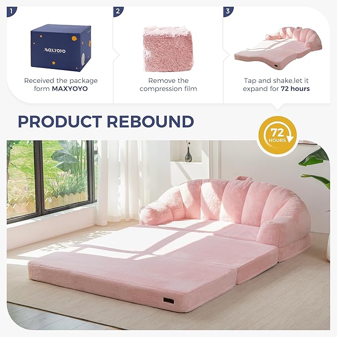 MAXYOYO Folding Sofa Bed, 2 in 1 Convertible Sofa to Lounger Comfy Loveseat Bean Bag Chair for Adults, Floor Sleeper Couch with Handle, Faux Fur Couch Bed for Living Room Bedroom, Pink, Loveseat