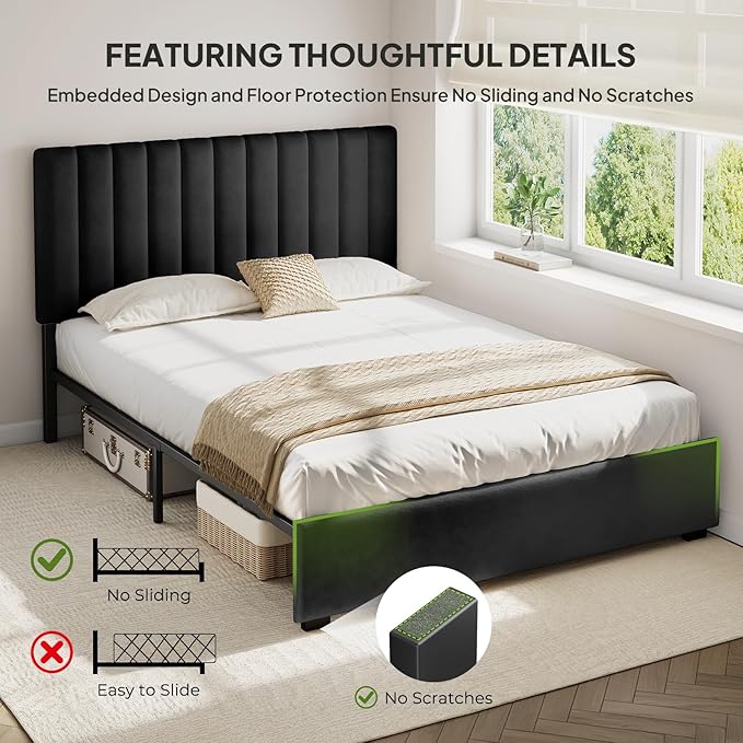 Welzona Full Upholstered Bed Frame with Headboard, Velvet Upholstered Metal Platform Bed with Vertical Channel Tufted Headboard, 3-Level Height, Metal Slat Support, Noise-Free Easy Assembly, Black