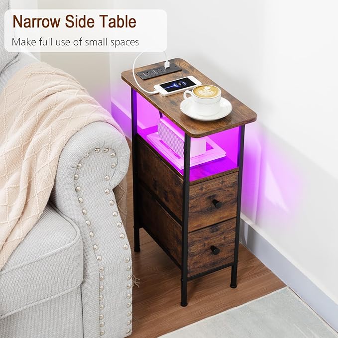 LOAKEKEL Narrow Nightstand with Charging Station, End Tables Living Room Set of 2, Skinny Side Table with Fabric Drawers, Small Sofa Table with LED Light for Bedroom, Rustic Brown, HETNDP02LPBR