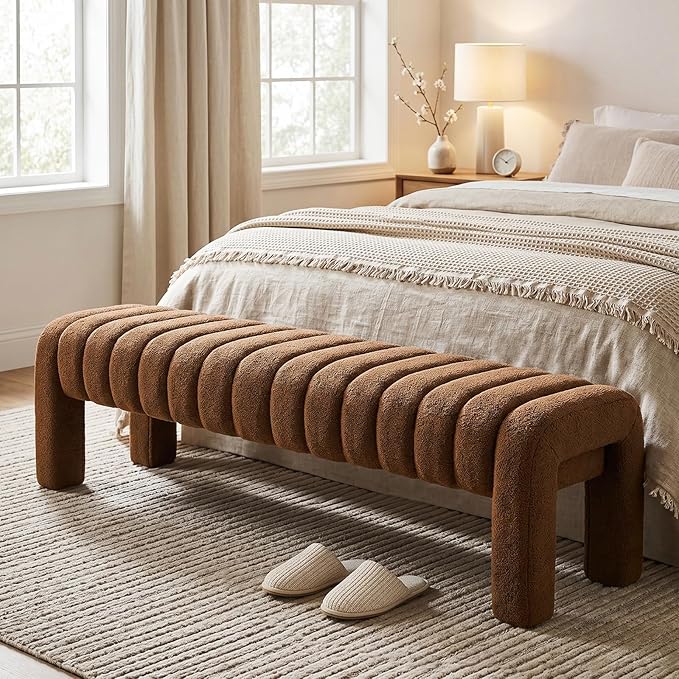 63’’ Bedroom Bench, Upholstered End of Bed Bench with Solid Wood Legs, Modern Cushioned Dining Bench with Full Covered Fabrics for Entryway, Bedroom, Living Room (Rust Brown, Boucle)