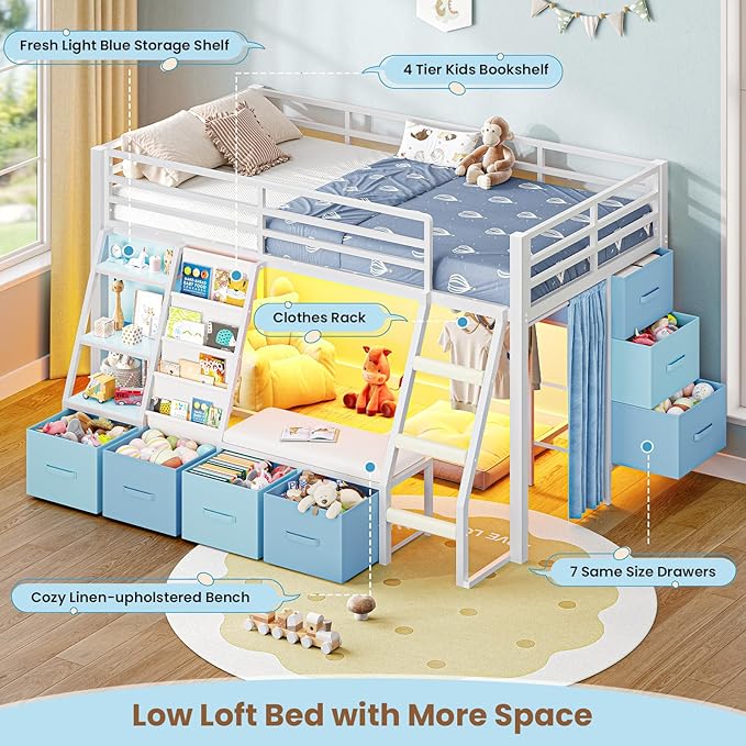 MSmask Low Loft Bed with 7 Storage Drawers & Reading Nook, Kids Twin Loft Bed with Bookshelf, LED Lights & Safety Guardrail, Loft Bed Twin Size with 35.8''H Play Space, Inclined Ladder, White & Blue