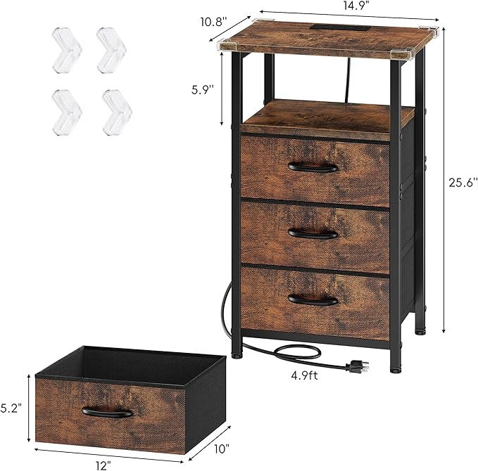 Vagusicc Nightstand with Charging Station, Bedside Table with USB Ports and Outlet, End Table Side Table with 3 Fabric Drawers and Storage Shelf, Bed Side Table Night Stand for Bedroom, Rustic Brown